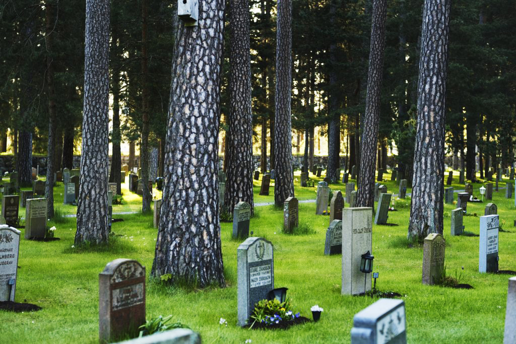 Kyrkogård med gravstenar