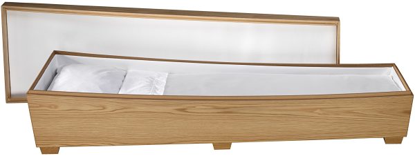 Kista i trä med öppet lock